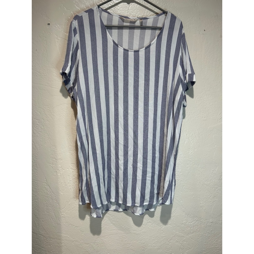 Soft Surroundings Blue White Striped Rayon Scoop Neck Top XL Short Sleeve 2B280